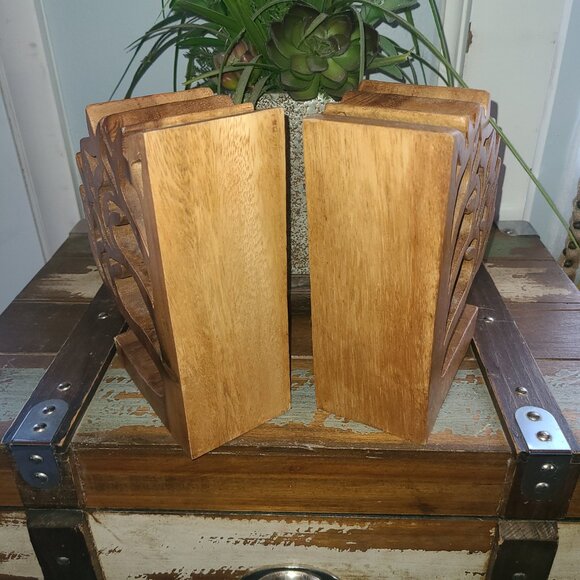 Wooden Bookends Wood  Hand Crafted Vintage Carved Tree 8" x 10" x 3" - Picture 10 of 11